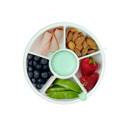 Picture of GoBe Kids Small Snack Spinner Flip Bundle with Hand Strap and Sticker Sheet - Reusable Snack Container with 5 Compartment Dispenser and Lid | BPA/PVC Free | Dishwasher Safe | No Spill- Mint Green