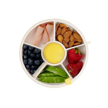 Picture of GoBe Kids Small Snack Spinner Flip Bundle with Hand Strap and Sticker Sheet - Reusable Snack Container with 5 Compartment Dispenser and Lid | BPA/PVC Free | Dishwasher Safe | No Spill - Lemon Yellow