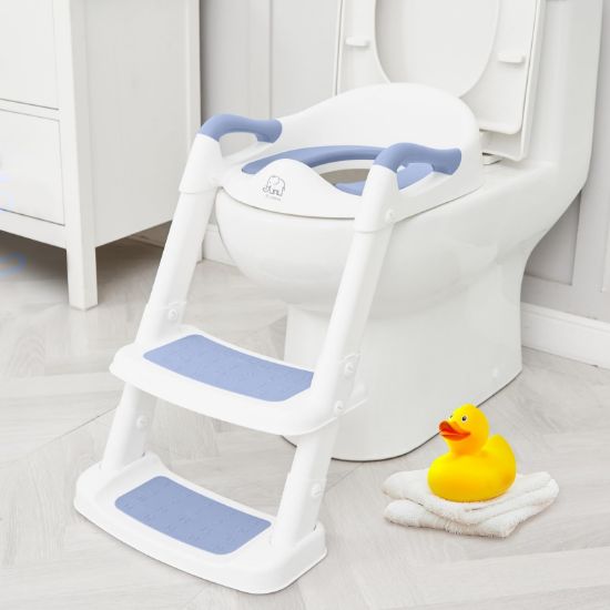 Picture of Forbena Blue Toddler Boys Toilet Potty Training Seat with Step Stool Ladder, Baby Child Kids Adjustable Height Sturdy Potty Seat with Soft Cushion and Comfortable Handles (White and Blue)