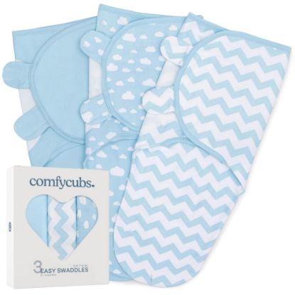 Picture of Comfy Cubs Easy Swaddle Blanket, 3 Pack - 100% Cotton Newborn Wrap, Small for 0-3 Months Infants, with Adjustable Velcro, Breathable and Durable Sleep Sack for Babies - Blue