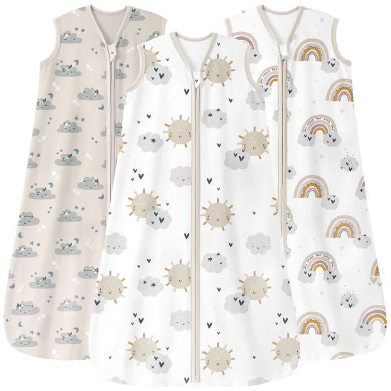 Picture of Unnivoll Baby Sleep Sack 6-12 Months 3 Pack 100% Cotton Lightweight 0.5 TOG Wearable Blanket Baby Sleep Bag with 2-Way Zipper for Newborn Infant Apricot White Sun Clouds