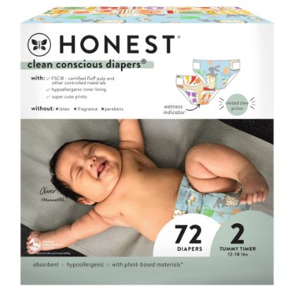 Picture of The Honest Company Clean Conscious Diapers for Sensitive Skin | Hypoallergenic, Fragrance Free | Spring '25 Limited Edition Prints | Club Box, Size 2 (12-18 lbs), 72 Count