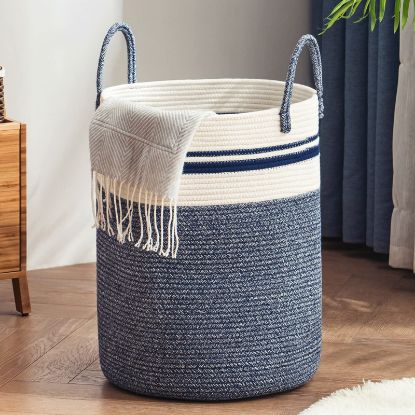 Picture of Woven Rope Laundry Hamper Basket by YOUDENOVA, 58L Tall Luandry Basket, Baby Nursery Hamper for Blanket Storage in Bedroom-Large-Blue