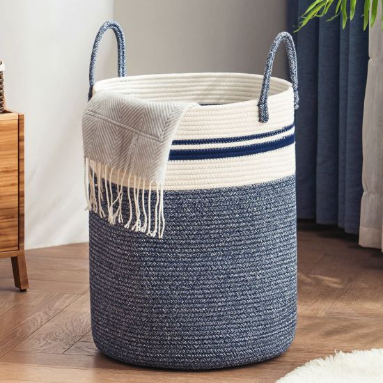 Picture of Woven Rope Laundry Hamper Basket by YOUDENOVA, 58L Tall Luandry Basket, Baby Nursery Hamper for Blanket Storage in Bedroom-Large-Blue