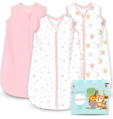 Picture of Cute Castle Baby Sleep Sack 18-24 Months - Lightweight 100% Cotton 2-Way Zipper TOG 0.5 Infant Wearable Blanket, Newborn Essentials Toddler Sleep Clothes, 3 Pack(Pink, Moon, Stars)