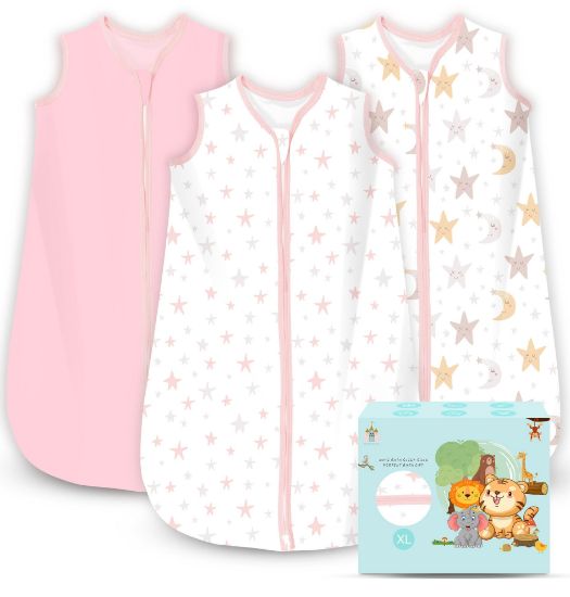 Picture of Cute Castle Baby Sleep Sack 18-24 Months - Lightweight 100% Cotton 2-Way Zipper TOG 0.5 Infant Wearable Blanket, Newborn Essentials Toddler Sleep Clothes, 3 Pack(Pink, Moon, Stars)