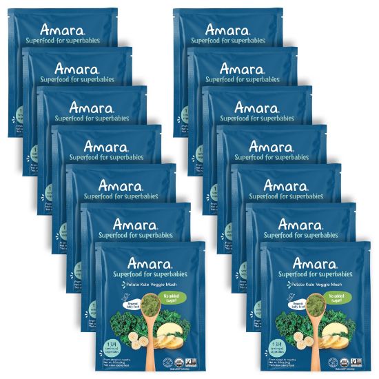 Picture of Amara Organic Baby Food - Stage 2 - Kale Potato - Baby Cereal to Mix With Breastmilk, Water or Baby Formula - Shelf Stable Baby Food Pouches Made from Organic Fruit and Veggies - 14 Pouches, 3.5oz Per Serving