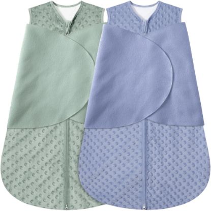 Picture of BSTOPPT Fleece Newborn Sleep Sack Baby Swaddle,3-Way Adjustable Wearable Blanket,2 Pack Fleece Swaddling Sleeping Bag TOG 2.0， (Blue&Green, 6-12 Months)