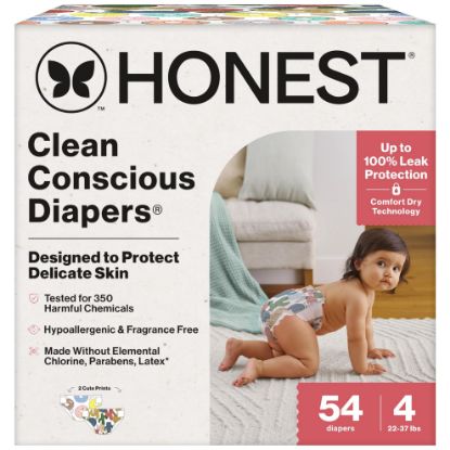 Picture of The Honest Company Clean Conscious Diapers for Sensitive Skin | Hypoallergenic, Fragrance Free | Gender Neutral Prints | Club Box, Size 4 (22-37 lbs), 54 Count