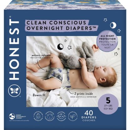 Picture of The Honest Company Clean Conscious Overnight Diapers for Sensitive Skin | Hypoallergenic, Fragrance Free | Cozy Cloud + Star Signs | Club Box, Size 5 (27+ lbs), 40 Count