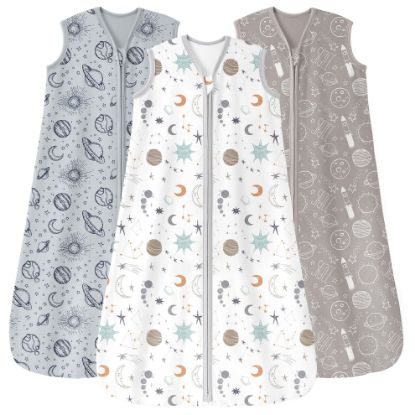 Picture of Unnivoll Baby Sleep Sack 12-18 Months 3 Pack 100% Cotton Lightweight 0.5 TOG Wearable Blanket Baby Sleep Bag with 2-Way Zipper for Newborn Infant White Gray Blue Space