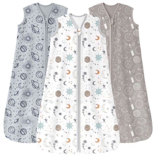 Picture of Unnivoll Baby Sleep Sack 12-18 Months 3 Pack 100% Cotton Lightweight 0.5 TOG Wearable Blanket Baby Sleep Bag with 2-Way Zipper for Newborn Infant White Gray Blue Space