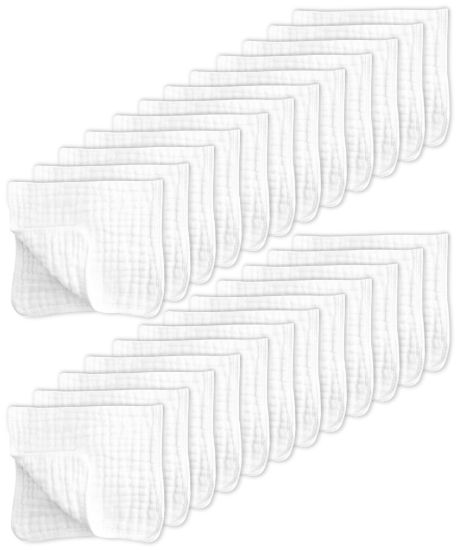Picture of SWEET DOLPHIN 24 Pack Muslin Burp Cloths Large 100% Cotton Hand Washcloths for Baby - Baby Essentials Extra Absorbent and Soft Boys & Girls Milk Spit Up Rags for Newborn Registry - White, 20" X10"