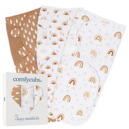 Picture of Comfy Cubs Easy Swaddle Blanket, 3 Pack - 100% Cotton Newborn Wrap, Large for 3-6 Months Infants, with Adjustable Velcro, Breathable and Durable Sleep Sack for Babies - Rainbow Bohemian