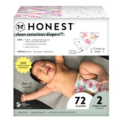 Picture of The Honest Company Clean Conscious Diapers for Sensitive Skin | Hypoallergenic, Fragrance Free | Girl Prints | Club Box, Size 2 (12-18 lbs), 72 Count