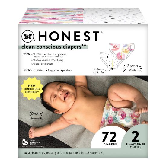 Picture of The Honest Company Clean Conscious Diapers for Sensitive Skin | Hypoallergenic, Fragrance Free | Girl Prints | Club Box, Size 2 (12-18 lbs), 72 Count
