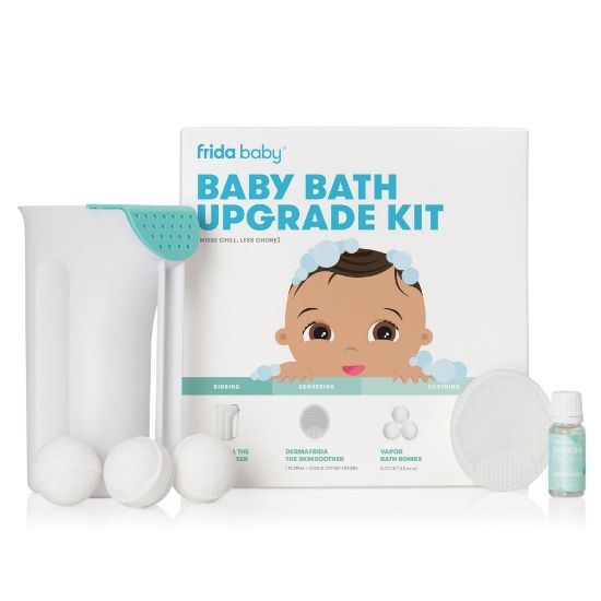 Picture of Frida Baby Baby Bath Upgrade Kit | Infant and Toddler Bath Essentials, Rinser Cup, Baby Bath Silicone Brush, Bath Bombs, Essential Oil Vapor Drops, white
