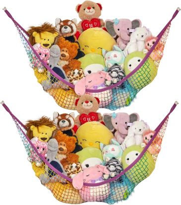 Picture of Lilly's Love Large Stuffed Animal Hammock | Corner Hanging Organizer, Stuffed Animal Storage | Easy to Hang Plushie Net w/Included Anchors & Hooks | Cute Room & Bedroom Decor (Rainbow, 2 Pack)