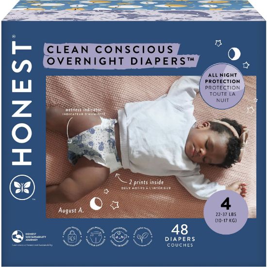 Picture of The Honest Company Clean Conscious Overnight Diapers for Sensitive Skin | Hypoallergenic, Fragrance Free | Cozy Cloud + Star Signs | Club Box, Size 4 (22-37 lbs), 48 Count