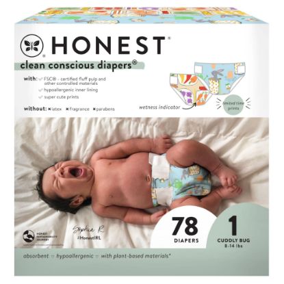 Picture of The Honest Company Clean Conscious Diapers for Sensitive Skin | Hypoallergenic, Fragrance Free | Spring '25 Limited Edition Prints | Club Box, Size 1 (8-14 lbs), 78 Count