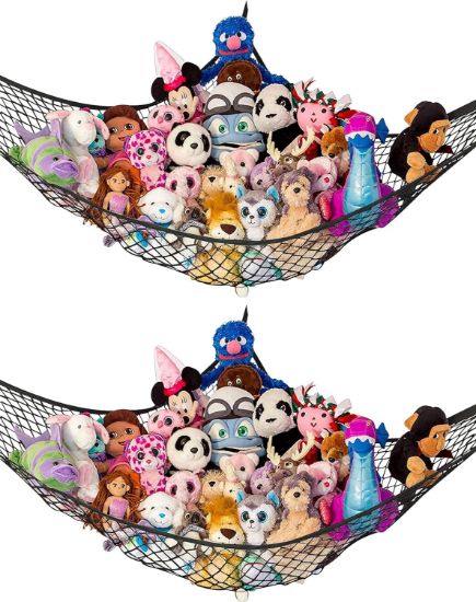 Picture of Lilly's Love Large Stuffed Animal Hammock | Corner Hanging Organizer, Stuffed Animal Storage | Easy to Hang Plushie Net w/Included Anchors & Hooks | Cute Room & Bedroom Decor (Black, 2 Pack)