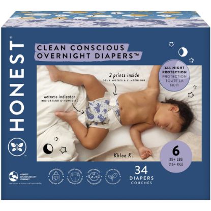 Picture of The Honest Company Clean Conscious Overnight Diapers for Sensitive Skin | Hypoallergenic, Fragrance Free | Cozy Cloud + Star Signs | Club Box, Size 6 (35+ lbs), 34 Count