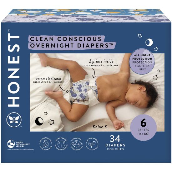 Picture of The Honest Company Clean Conscious Overnight Diapers for Sensitive Skin | Hypoallergenic, Fragrance Free | Cozy Cloud + Star Signs | Club Box, Size 6 (35+ lbs), 34 Count