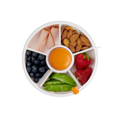 Picture of GoBe Kids Small Snack Spinner Flip Bundle with Hand Strap and Sticker Sheet - Reusable Snack Container with 5 Compartment Dispenser and Lid | BPA/PVC Free | Dishwasher Safe | No Spill - Pumpkin Spice