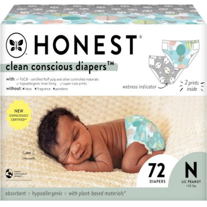 Picture of The Honest Company Clean Conscious Diapers for Sensitive Skin | Hypoallergenic, Fragrance Free | Gender Neutral Prints | Club Box, Size Newborn, 72 Count