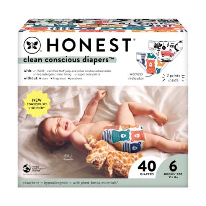 Picture of The Honest Company Clean Conscious Diapers for Sensitive Skin | Hypoallergenic, Fragrance Free | Gender Neutral Prints | Club Box, Size 6 (35+ lbs), 40 Count