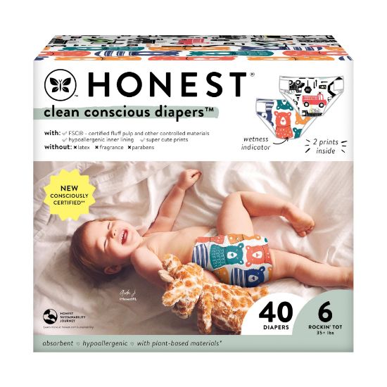 Picture of The Honest Company Clean Conscious Diapers for Sensitive Skin | Hypoallergenic, Fragrance Free | Gender Neutral Prints | Club Box, Size 6 (35+ lbs), 40 Count