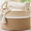 Picture of KAKAMAY Large Blanket Basket (20"x13"),Woven Baskets for storage Baby Laundry Hamper, Cotton Rope Blanket Basket for Living Room, Laundry, Nursery, Pillows, Baby Toy chest (White and Brown)