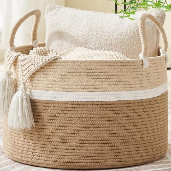 Picture of KAKAMAY Large Blanket Basket (20"x13"),Woven Baskets for storage Baby Laundry Hamper, Cotton Rope Blanket Basket for Living Room, Laundry, Nursery, Pillows, Baby Toy chest (White and Brown)