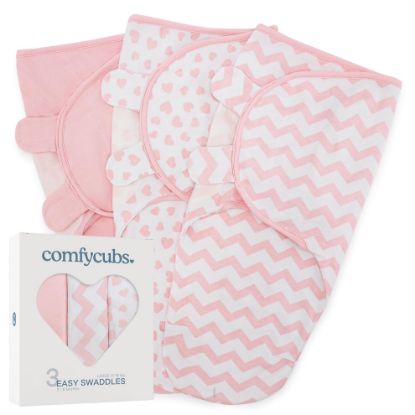 Picture of Comfy Cubs Easy Swaddle Blanket, 3 Pack - 100% Cotton Newborn Wrap, Large for 3-6 Months Infants, with Adjustable Velcro, Breathable and Durable Sleep Sack for Babies - Pink