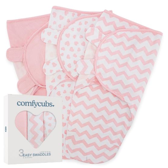 Picture of Comfy Cubs Easy Swaddle Blanket, 3 Pack - 100% Cotton Newborn Wrap, Large for 3-6 Months Infants, with Adjustable Velcro, Breathable and Durable Sleep Sack for Babies - Pink