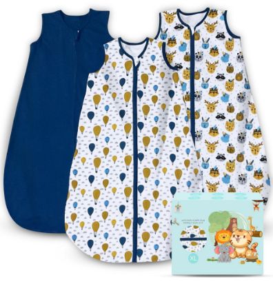 Picture of Cute Castle Baby Sleep Sack 18-24 Months - Lightweight 100% Cotton 2-Way Zipper TOG 0.5 Infant Wearable Blanket, Newborn Essentials Toddler Sleep Clothes, 3 Pack(Blue, Balloons, Animals)