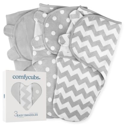 Picture of Comfy Cubs Easy Swaddle Blanket, 3 Pack - 100% Cotton Newborn Wrap, Large for 3-6 Months Infants, with Adjustable Velcro, Breathable and Durable Sleep Sack for Babies - Grey