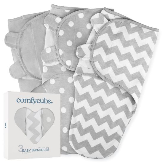 Picture of Comfy Cubs Easy Swaddle Blanket, 3 Pack - 100% Cotton Newborn Wrap, Large for 3-6 Months Infants, with Adjustable Velcro, Breathable and Durable Sleep Sack for Babies - Grey
