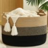 Picture of KAKAMAY Large Blanket Basket (20"x13"),Woven Rope Baskets for storage Baby Laundry Hamper, Cotton Rope Blanket Basket for Living Room, Laundry, Nursery, Pillows,Baby Toy chest (Jute/Black)