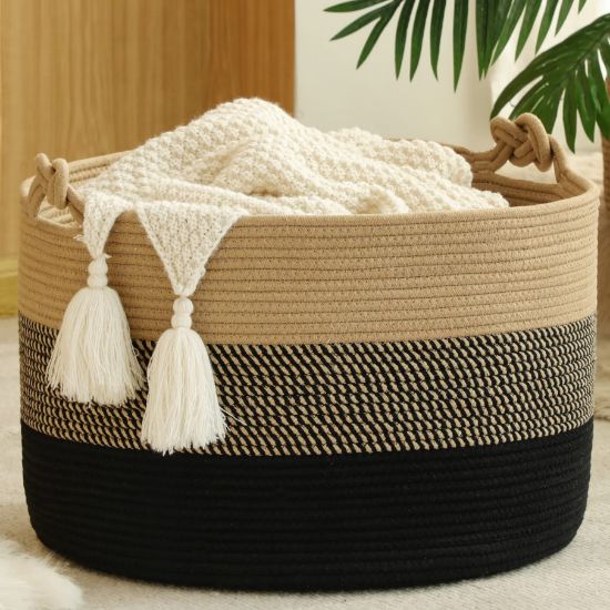 Picture of KAKAMAY Large Blanket Basket (20"x13"),Woven Rope Baskets for storage Baby Laundry Hamper, Cotton Rope Blanket Basket for Living Room, Laundry, Nursery, Pillows,Baby Toy chest (Jute/Black)
