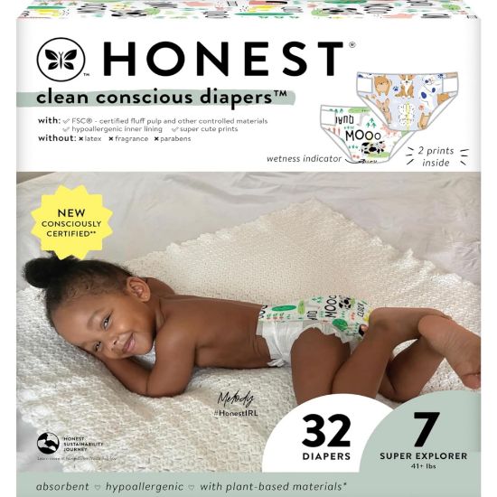 Picture of The Honest Company Clean Conscious Diapers for Sensitive Skin | Hypoallergenic, Fragrance Free | Gender Neutral Prints | Club Box, Size 7 (41+ lbs), 32 Count