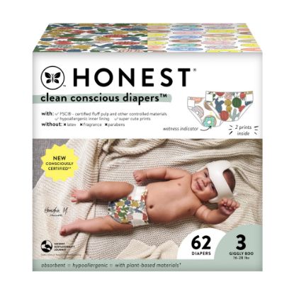 Picture of The Honest Company Clean Conscious Diapers for Sensitive Skin | Hypoallergenic, Fragrance Free | Gender Neutral Prints | Club Box, Size 3 (16-28 lbs), 62 Count