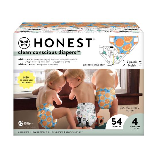Picture of The Honest Company Clean Conscious Diapers for Sensitive Skin | Hypoallergenic, Fragrance Free | Gender Neutral Prints | Club Box, Size 4 (22-37 lbs), 54 Count