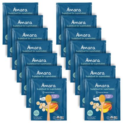 Picture of Amara Organic Baby Food - Stage 2 - Tropical Mango - Baby Cereal to Mix With Breastmilk, Water or Baby Formula - Shelf Stable Baby Food Pouches Made from Organic Fruit - 14 Pouches, 3.5oz Per Serving