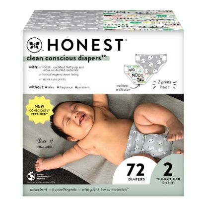 Picture of The Honest Company Clean Conscious Diapers for Sensitive Skin | Hypoallergenic, Fragrance Free | Gender Neutral Prints | Club Box, Size 2 (12-18 lbs), 72 Count