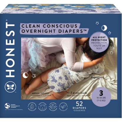 Picture of The Honest Company Clean Conscious Overnight Diapers for Sensitive Skin | Hypoallergenic, Fragrance Free | Cozy Cloud + Star Signs | Club Box, Size 3 (16-28 lbs), 52 Count
