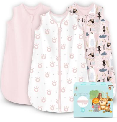 Picture of Cute Castle Baby Sleep Sack 18-24 Months - Lightweight 100% Cotton 2-Way Zipper TOG 0.5 Infant Wearable Blanket, Newborn Essentials Toddler Sleep Clothes, 3 Pack(Pink, Bear, Bear Claw)