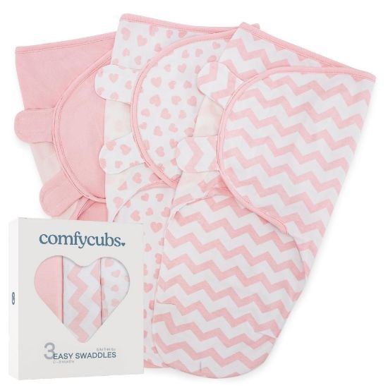 Picture of Comfy Cubs Easy Swaddle Blanket, 3 Pack - 100% Cotton Newborn Wrap, Small for 0-3 Months Infants, with Adjustable Velcro, Breathable and Durable Sleep Sack for Babies - Pink