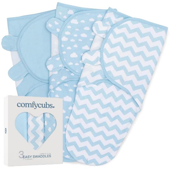 Picture of Comfy Cubs Easy Swaddle Blanket, 3 Pack - 100% Cotton Newborn Wrap, Large for 3-6 Months Infants, with Adjustable Velcro, Breathable and Durable Sleep Sack for Babies - Blue