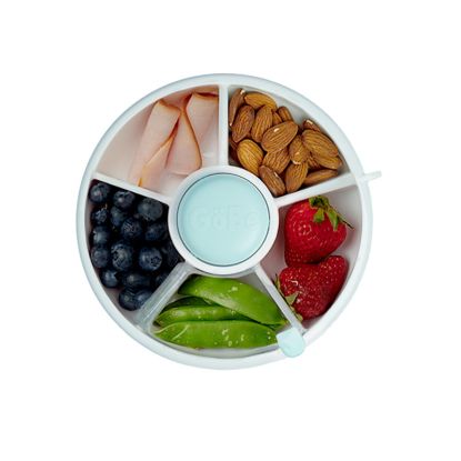 Picture of GoBe Kids Small Snack Spinner Flip Bundle with Hand Strap and Sticker Sheet - Reusable Snack Container with 5 Compartment Dispenser and Lid | BPA/PVC Free | Dishwasher Safe | No Spill- Macaron Blue
